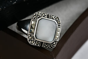 Sterling Silver Square Rhinestone Pearl Inlay Signet Ring Size 8.5