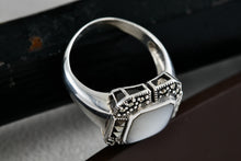 Load image into Gallery viewer, Sterling Silver Square Rhinestone Pearl Inlay Signet Ring Size 8.5
