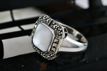 Load image into Gallery viewer, Sterling Silver Square Rhinestone Pearl Inlay Signet Ring Size 8.5
