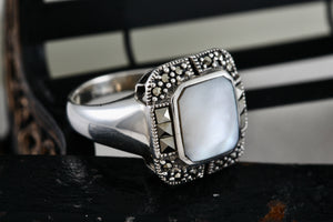 Sterling Silver Square Rhinestone Pearl Inlay Signet Ring Size 8.5