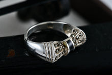 Load image into Gallery viewer, Sterling Silver Black Enamel Rhinestone Ribbon Bow Ring Size 5.5
