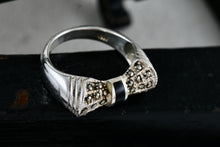 Load image into Gallery viewer, Sterling Silver Black Enamel Rhinestone Ribbon Bow Ring Size 5.5
