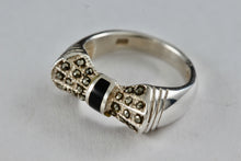 Load image into Gallery viewer, Sterling Silver Black Enamel Rhinestone Ribbon Bow Ring Size 5.5
