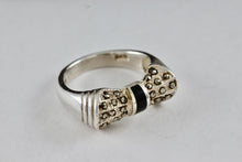 Load image into Gallery viewer, Sterling Silver Black Enamel Rhinestone Ribbon Bow Ring Size 5.5
