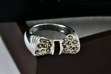 Load image into Gallery viewer, Sterling Silver Black Enamel Rhinestone Ribbon Bow Ring Size 5.5
