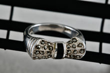 Load image into Gallery viewer, Sterling Silver Black Enamel Rhinestone Ribbon Bow Ring Size 5.5
