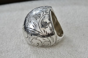 Sterling Silver Thailand Large Etched Inlay Dome Ring Size 6