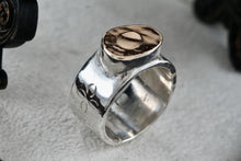 Load image into Gallery viewer, Signed Silver &amp; 14K Gold Hammered Signet Floral Etched Wide Band Ring Size 7
