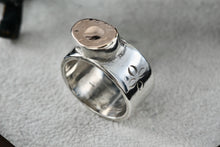 Load image into Gallery viewer, Signed Silver &amp; 14K Gold Hammered Signet Floral Etched Wide Band Ring Size 7
