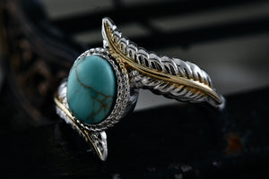 Native American Costume Silver & Gold Tone Turquoise Feather Ring Size 9.5