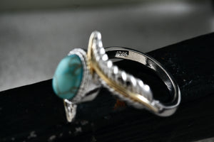 Native American Costume Silver & Gold Tone Turquoise Feather Ring Size 9.5