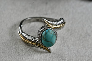 Native American Costume Silver & Gold Tone Turquoise Feather Ring Size 9.5