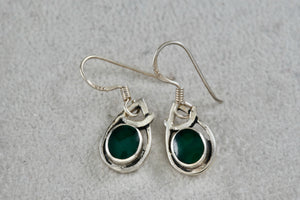 Sterling Silver Dangle Green Enamel Oval Teardrop 1" Earrings