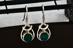 Sterling Silver Dangle Green Enamel Oval Teardrop 1" Earrings