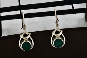 Sterling Silver Dangle Green Enamel Oval Teardrop 1" Earrings