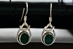 Sterling Silver Dangle Green Enamel Oval Teardrop 1" Earrings