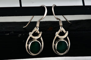 Sterling Silver Dangle Green Enamel Oval Teardrop 1" Earrings