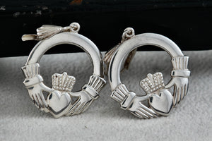 Sterling Silver Irish Claddagh Crown of Heart Circle Clip-On Earrings