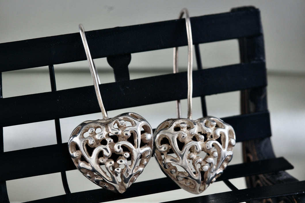 Sterling Silver Long Dangle Filigree Heart Hook Earrings
