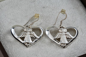 Vintage Sterling Silver Angel Wings Heart Dangling Hook Earrings