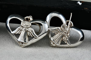 Vintage Sterling Silver Angel Wings Heart Dangling Hook Earrings