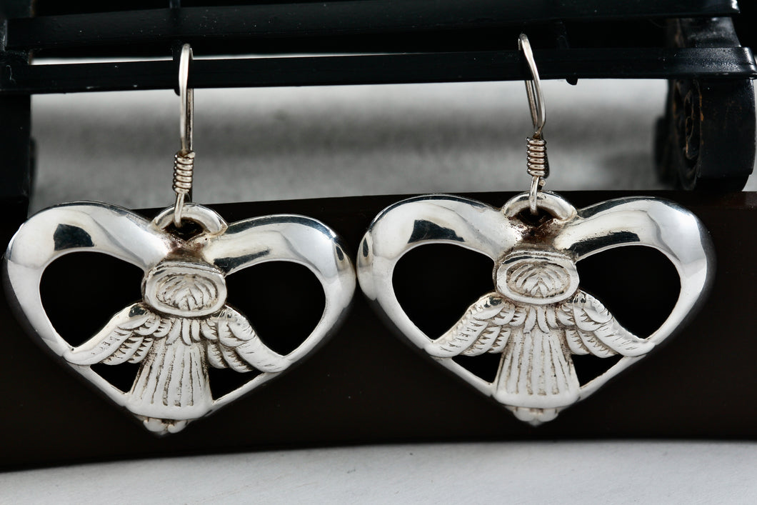 Vintage Sterling Silver Angel Wings Heart Dangling Hook Earrings