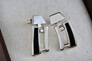 Sterling Silver Black Enamel Heavy Swinging Hinged Earrings