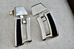 Sterling Silver Black Enamel Heavy Swinging Hinged Earrings