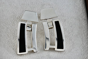 Sterling Silver Black Enamel Heavy Swinging Hinged Earrings