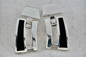 Sterling Silver Black Enamel Heavy Swinging Hinged Earrings