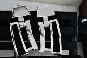 Sterling Silver Black Enamel Heavy Swinging Hinged Earrings