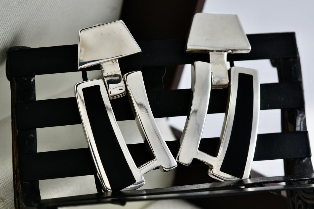 Sterling Silver Black Enamel Heavy Swinging Hinged Earrings