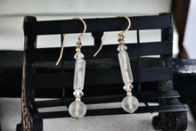 Load image into Gallery viewer, Costume Rose Quartz Crystal Bead Gold Tone Hook 1.75&quot; Earrings
