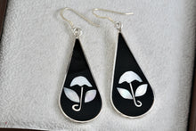 Load image into Gallery viewer, Alpaca Large Teardrop Black Enamel &amp; Pearl Flower Inlay Dangle Hook Earrings
