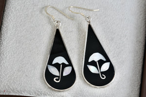 Alpaca Large Teardrop Black Enamel & Pearl Flower Inlay Dangle Hook Earrings