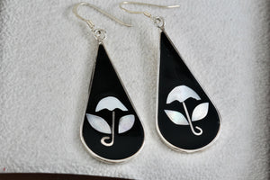 Alpaca Large Teardrop Black Enamel & Pearl Flower Inlay Dangle Hook Earrings