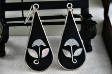 Load image into Gallery viewer, Alpaca Large Teardrop Black Enamel &amp; Pearl Flower Inlay Dangle Hook Earrings
