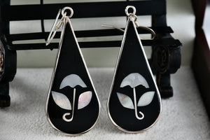 Alpaca Large Teardrop Black Enamel & Pearl Flower Inlay Dangle Hook Earrings