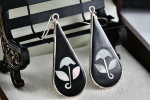 Alpaca Large Teardrop Black Enamel & Pearl Flower Inlay Dangle Hook Earrings