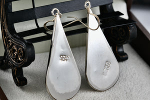 Alpaca Large Teardrop Black Enamel & Pearl Flower Inlay Dangle Hook Earrings