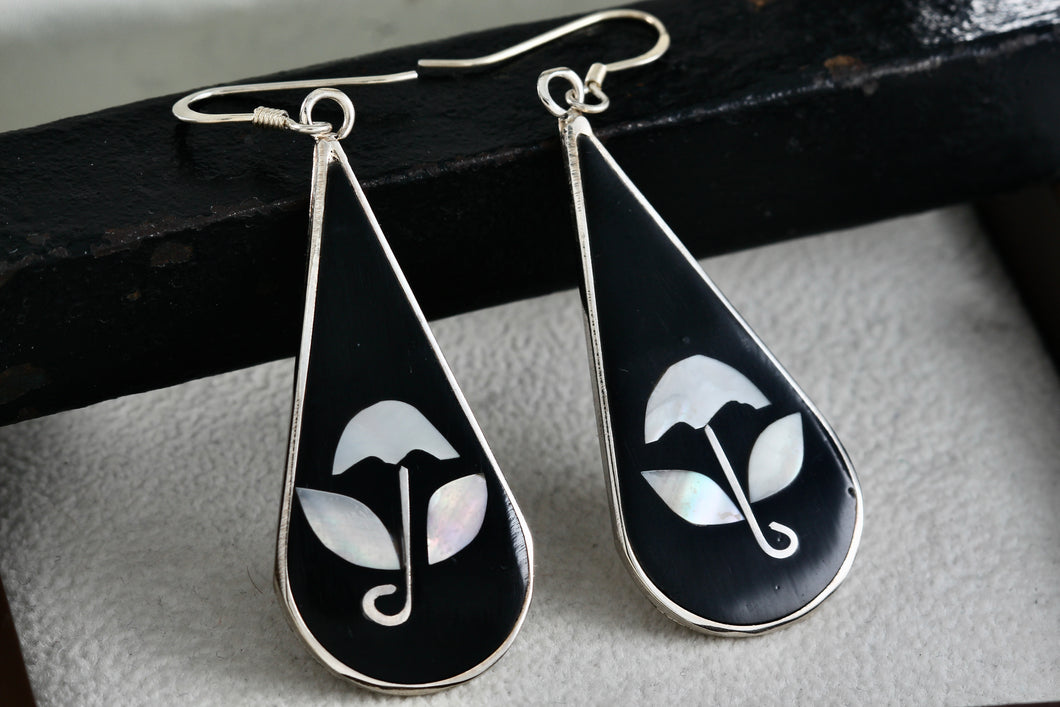 Alpaca Large Teardrop Black Enamel & Pearl Flower Inlay Dangle Hook Earrings