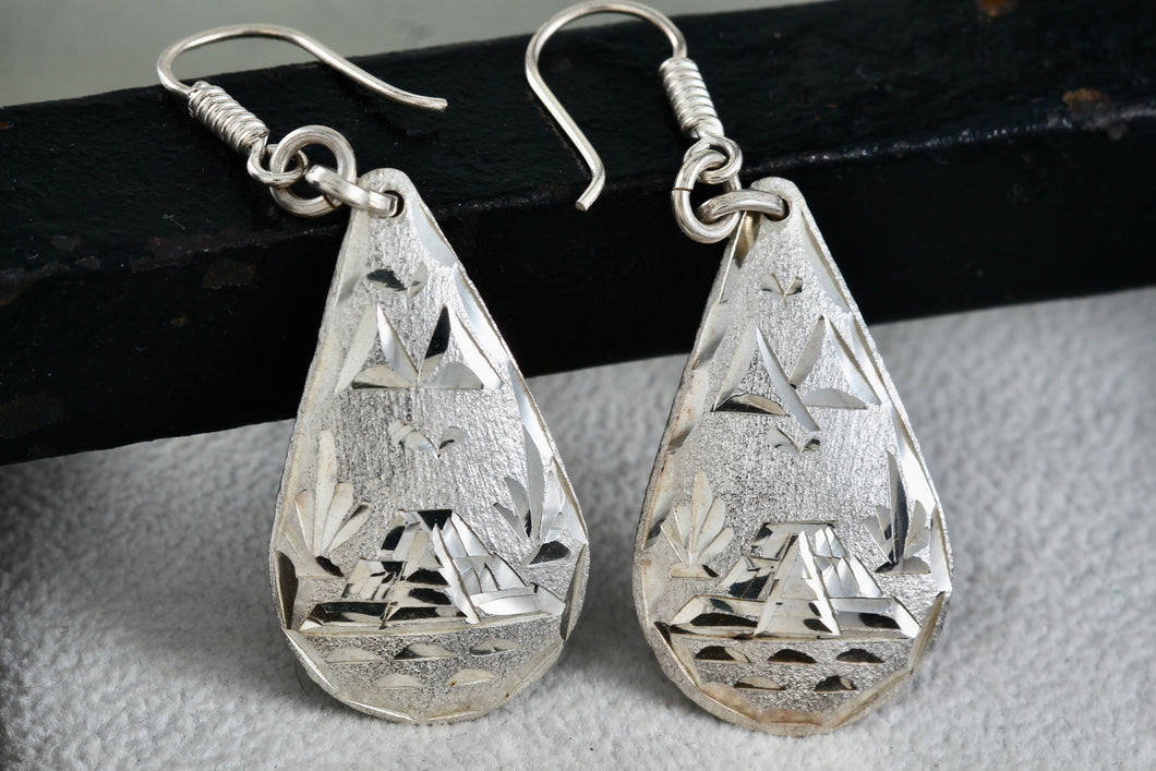 Hecho En Mexico Silver Large Dangle Teardrop Island Themed Etched Earrings