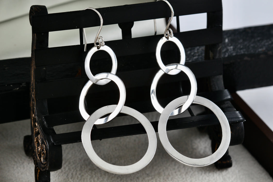 Sterling Silver Triple interlocking Ascending Circles Dangling Hook Earrings