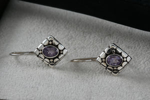 Sterling Silver Square Cobblestone Purple Oval Amethyst Drop Hook Earrings