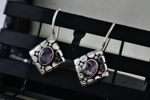 Sterling Silver Square Cobblestone Purple Oval Amethyst Drop Hook Earrings