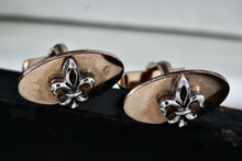 Load image into Gallery viewer, Vintage Swank Gold Tone Oval Fleur De Lis Silver Tone Cufflinks
