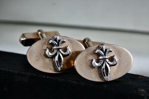 Vintage Swank Gold Tone Oval Fleur De Lis Silver Tone Cufflinks