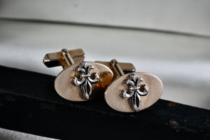 Vintage Swank Gold Tone Oval Fleur De Lis Silver Tone Cufflinks