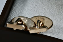 Load image into Gallery viewer, Vintage Swank Gold Tone Oval Fleur De Lis Silver Tone Cufflinks
