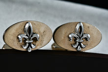 Load image into Gallery viewer, Vintage Swank Gold Tone Oval Fleur De Lis Silver Tone Cufflinks
